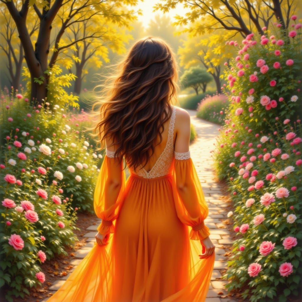 Woman in Orange Dress in Sunset Garden