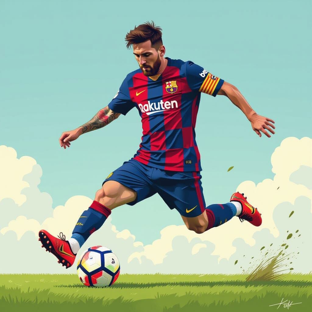 Lionel Messi Kicking Soccer Ball in Barcelona Jersey