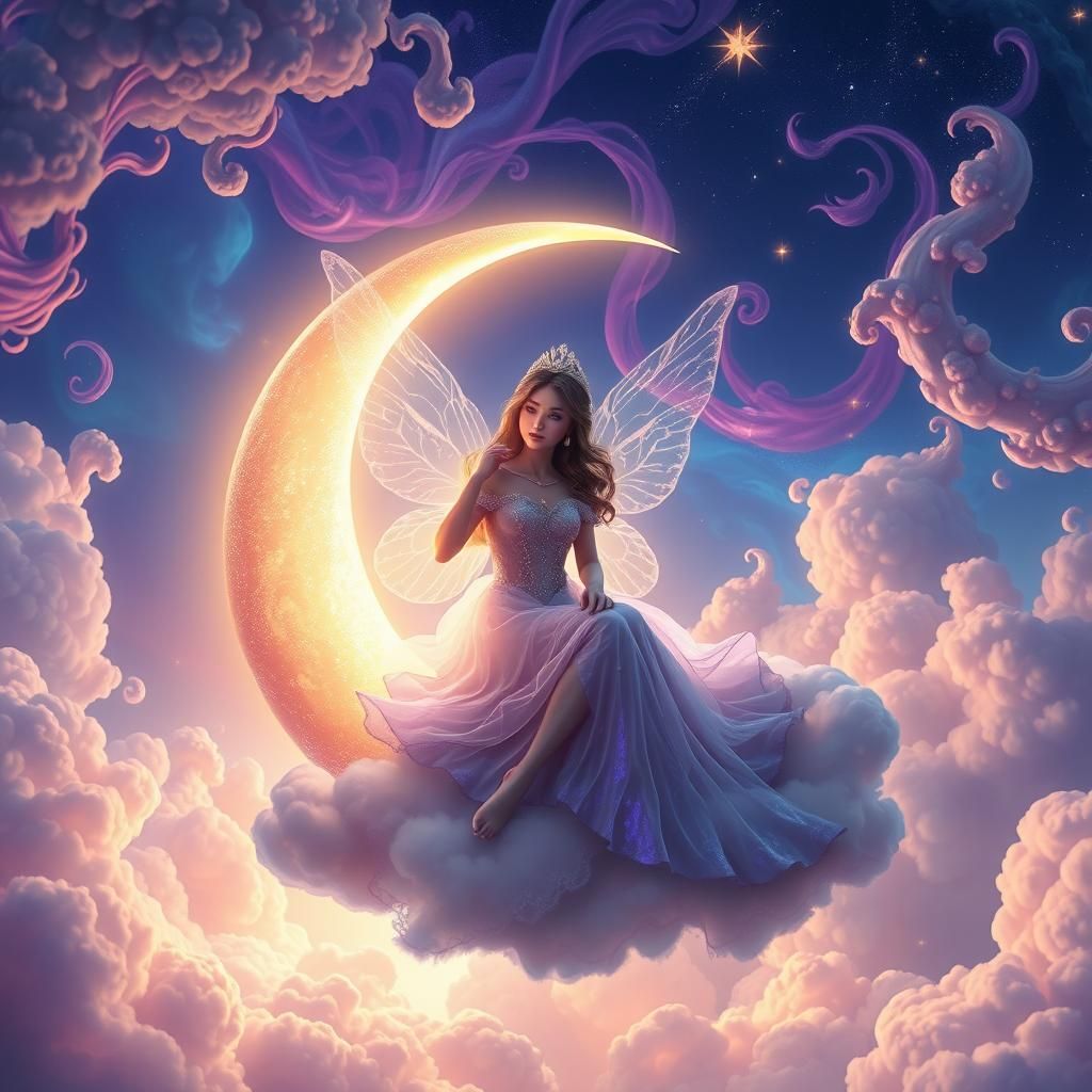 Ethereal Princess on Moon with Dreamlike Clouds
