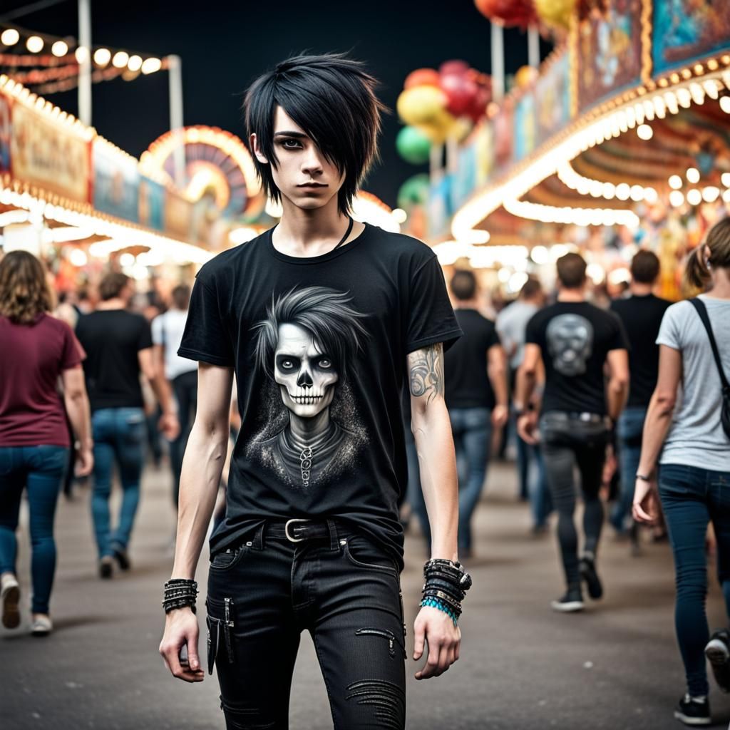 Androgynous Emo Teen at a Carnival, Hyperrealistic Photo