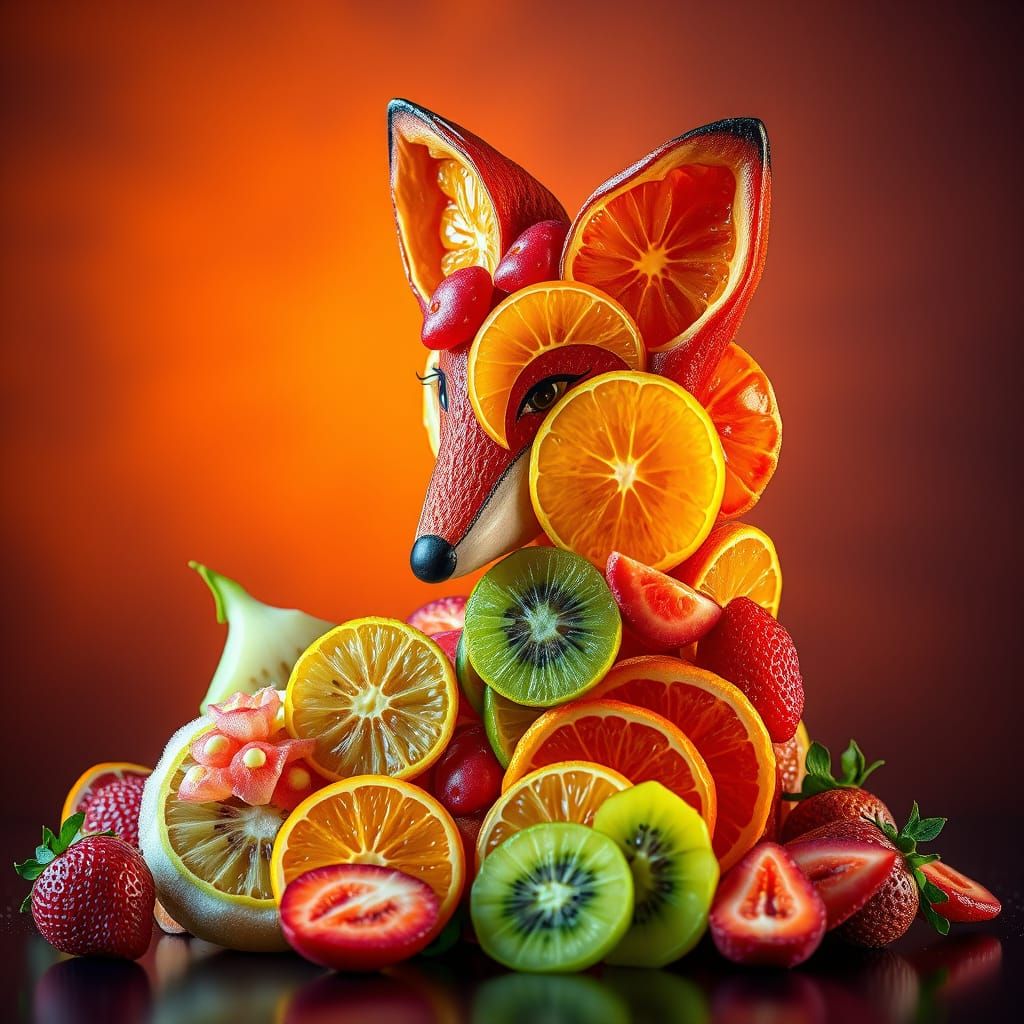 Whimsical Fruit Fox in Vibrant, Cinematic Still Life