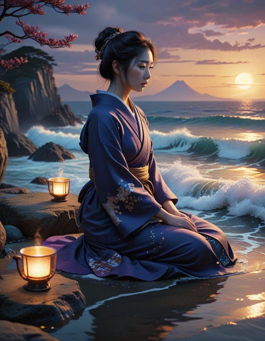 Surreal Japanese Seaside Scene with Glowing Coffee Cups