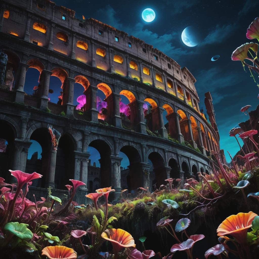 Colosseum Overgrown with Bioluminescent Plants