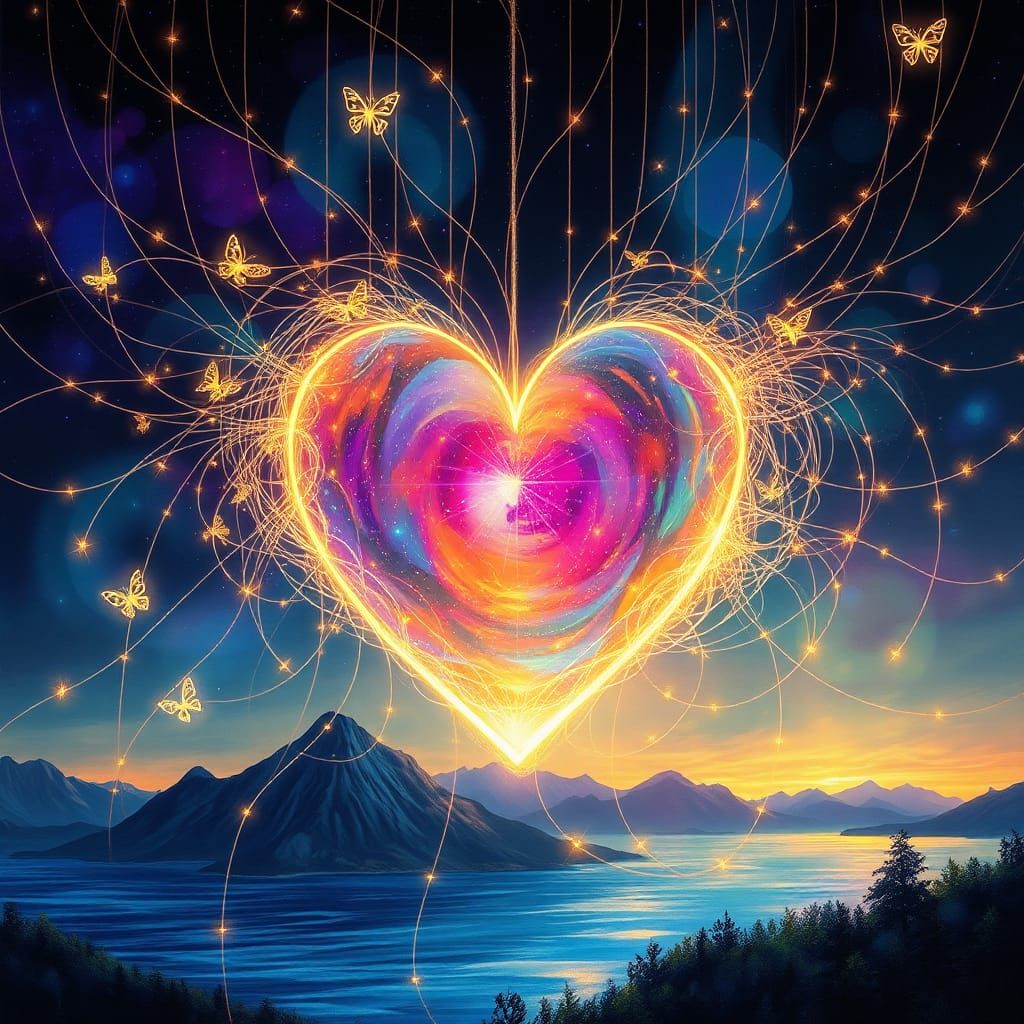 Luminous Heart with Iridescent Strings: Abstract Art