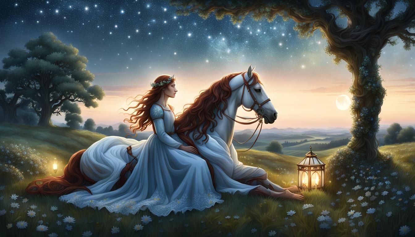 Elena and Horse Under Starry Medieval Sky