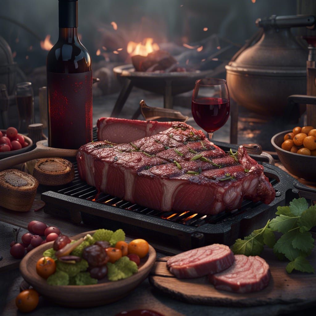 Barbecue Steak, Wine and Sides: Detailed Matte Painting