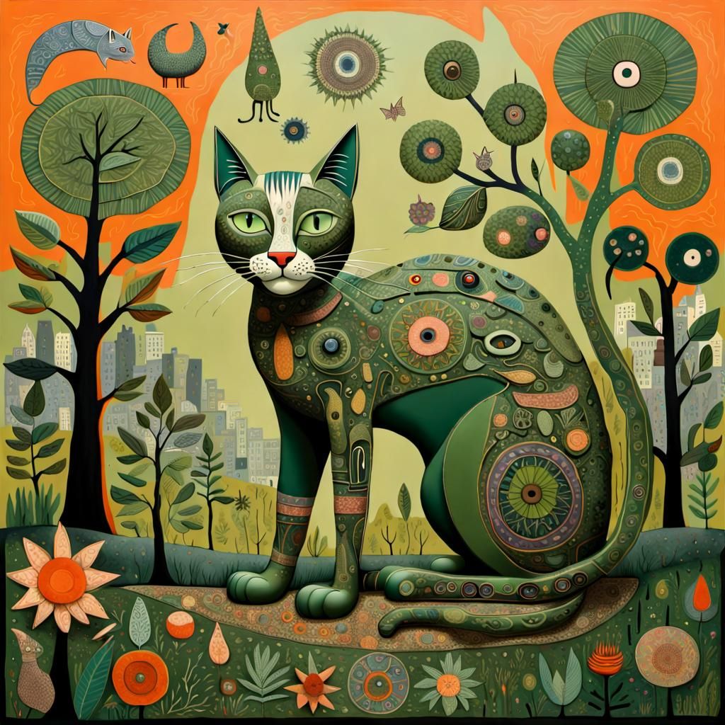Whimsical Olive Green Cat, Detailed 3D Artwork