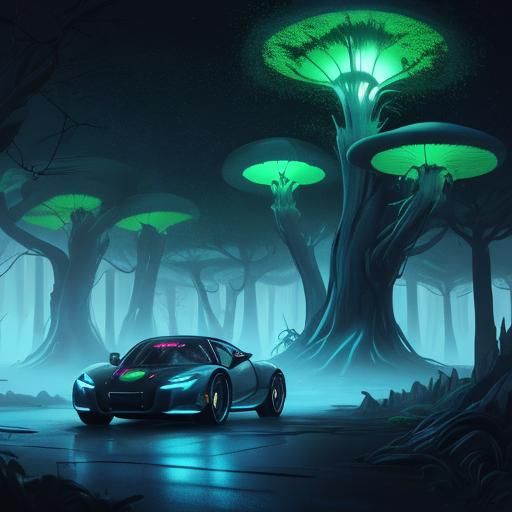 Futuristic Car Speeds Through Mystical Forest
