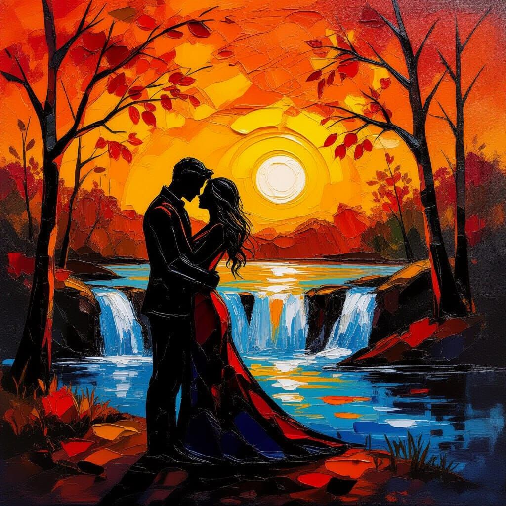 Encaustic Autumn Waterfall Couple Embracing Sunset