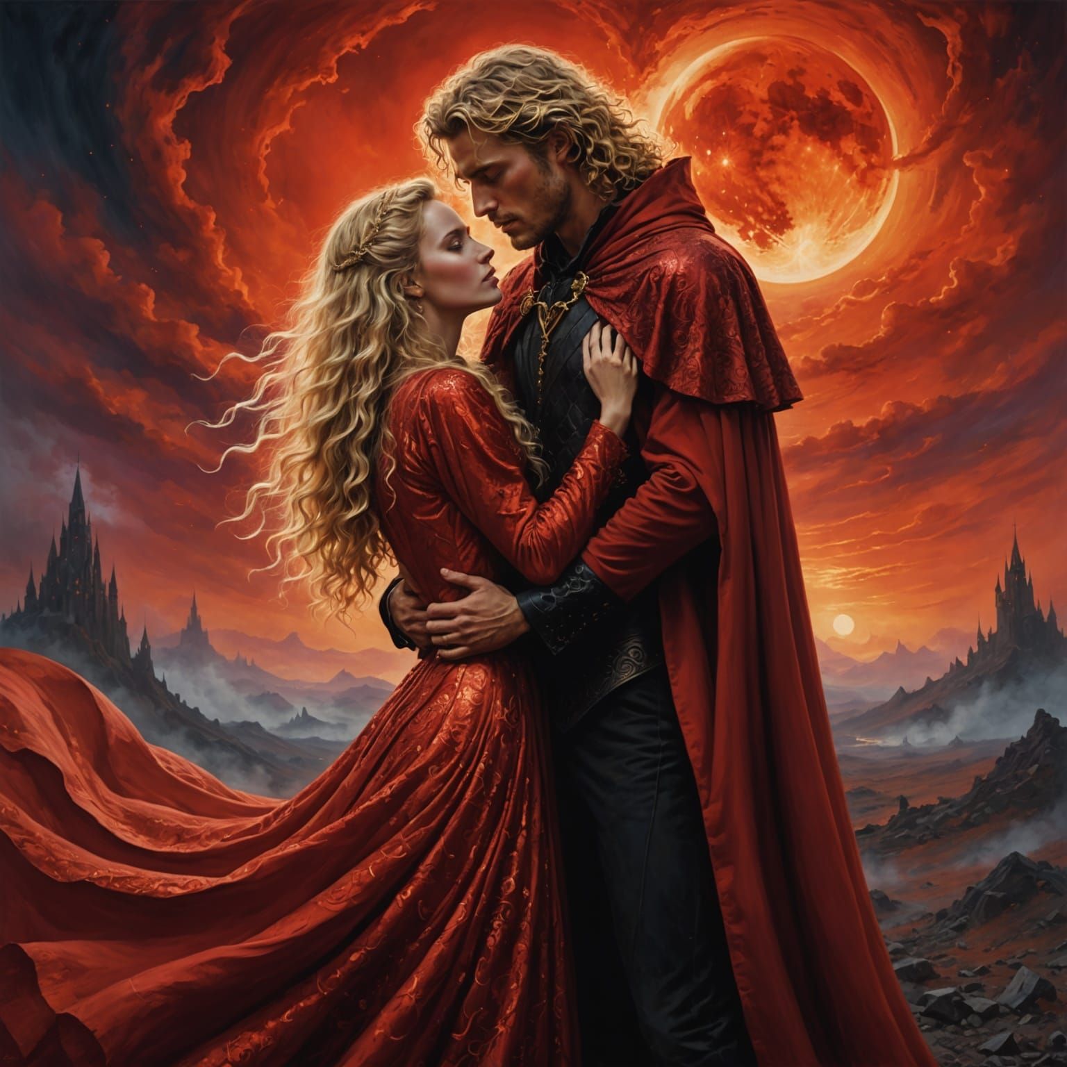 Fiery Man and Woman in Red Wasteland Embrace