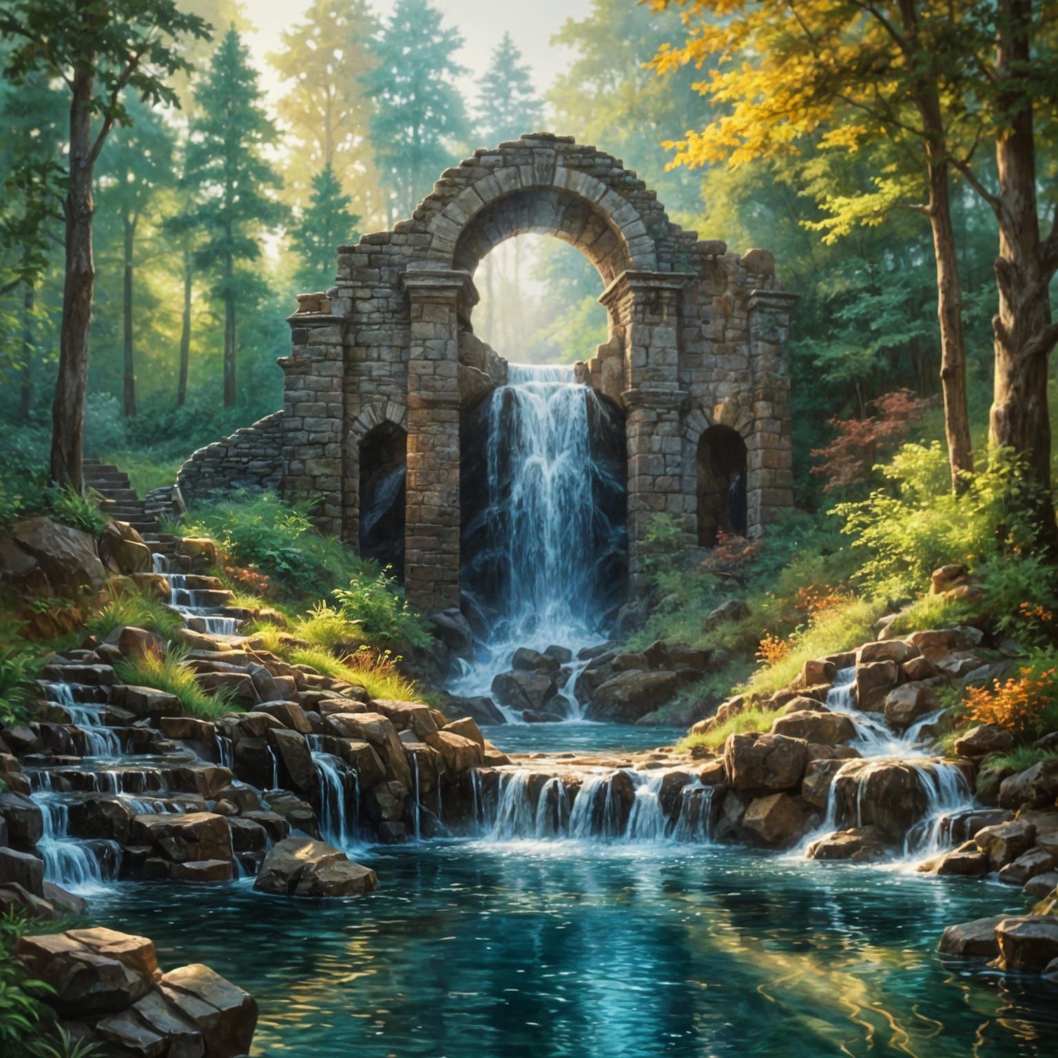 Ethereal Waterfall Cascading into Shimmering Pool