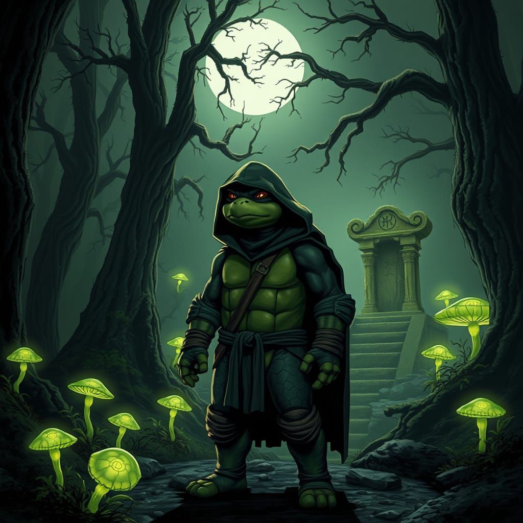 Ninja Turtle in a Haunting, Mystical Forest