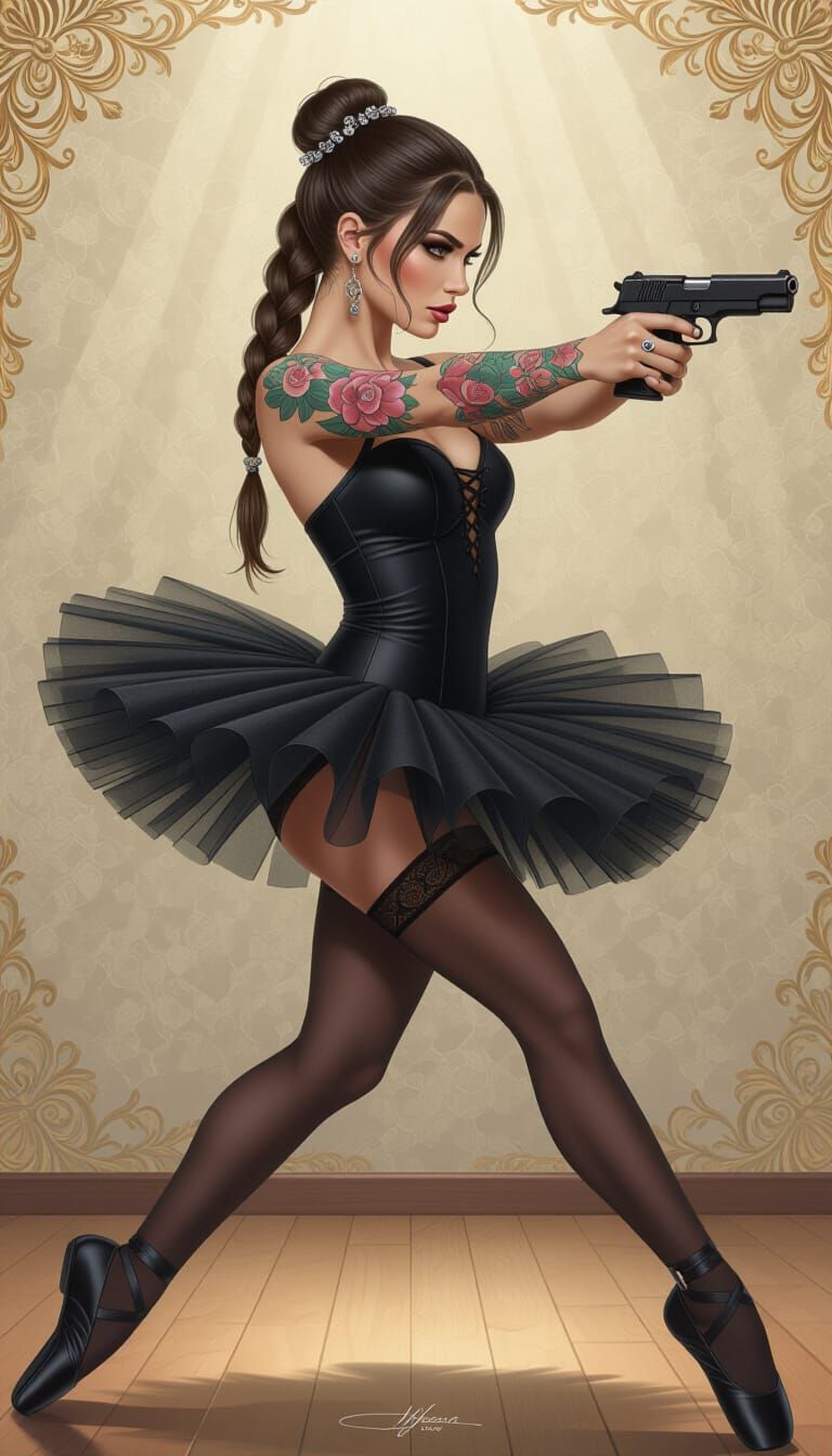 Tattooed Ballerina Aims Desert Eagle Pistol On Stage