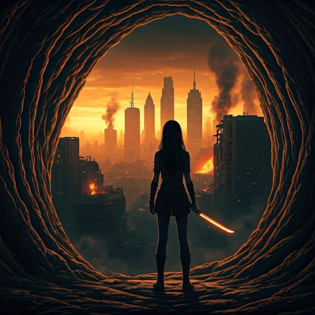 Dystopian Girl with Sword in Burning Cityscape