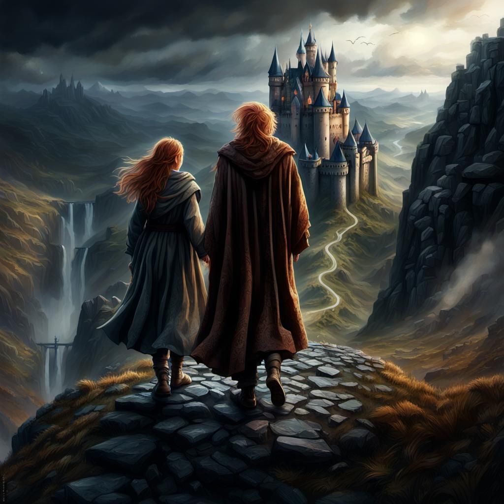 Ginger Siblings Overlook Muddy Castle in Digital Painting