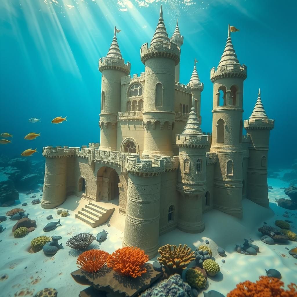 Underwater Sandcastle with Coral and Fish