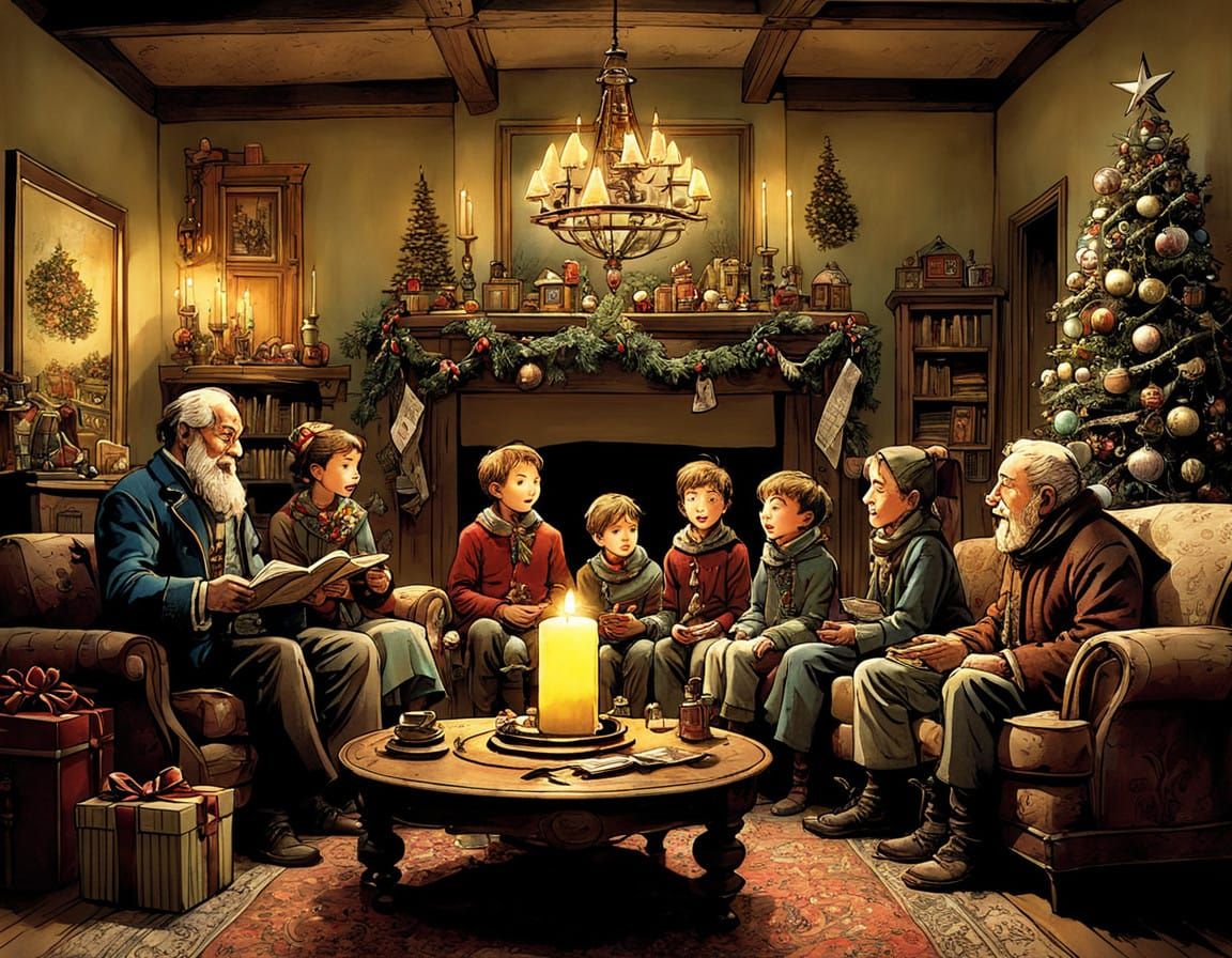 A Joyous Family Christmas Scene in Whimsical Style