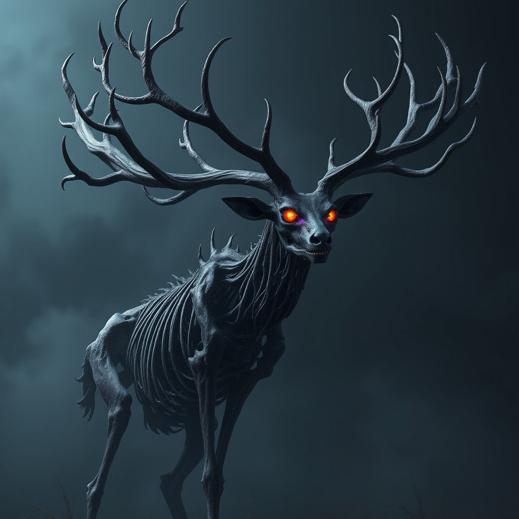 Undead Deer with Glowing Eyes, Dark Fantasy Concept Art