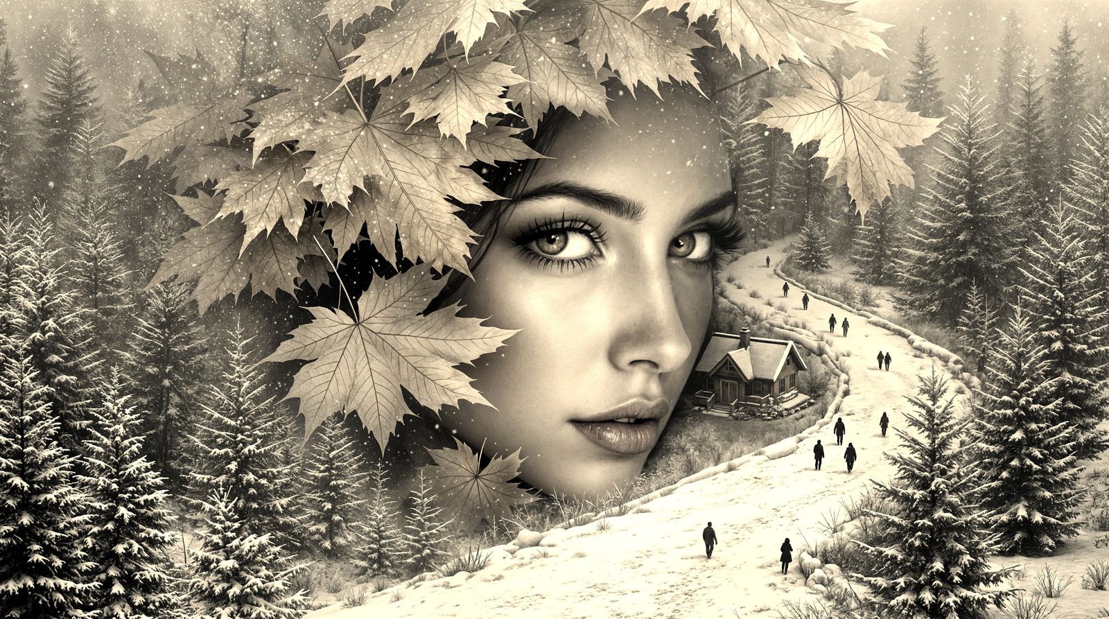 Surreal Winter Scene with Emerging Female Figure in Hyperrea...