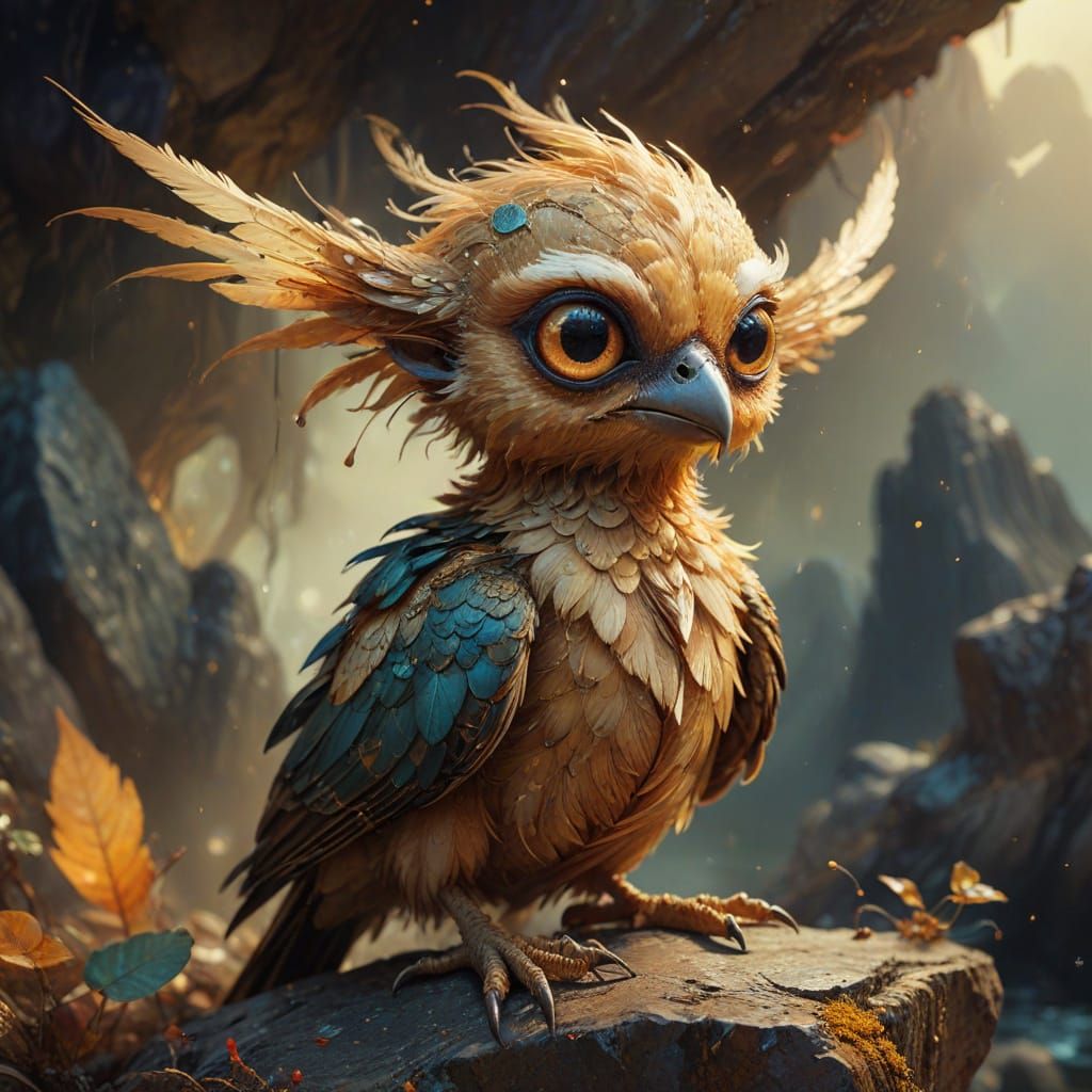 Playful Alien-Bird on a Rock: Mixed-Media Art