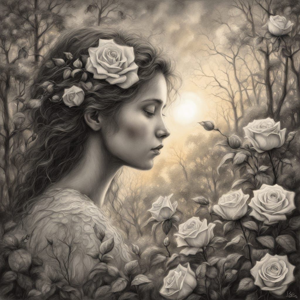 Romantic Kiss Among Birches in Charcoal Drawing