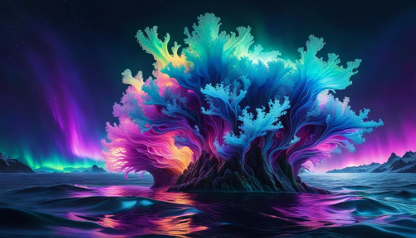 Glowing Microbe in Aurora, Hyperrealistic Fractal Art