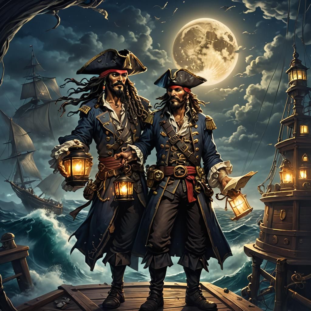 Mystical Pirate Captain on Moonlit Sea Adventure