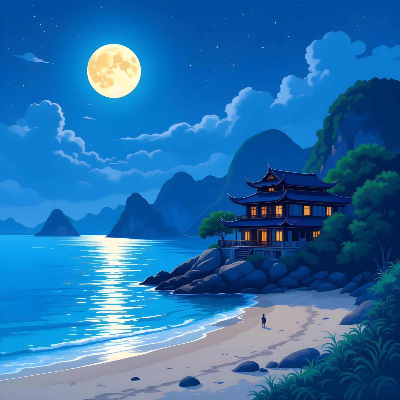 Halong Bay Night Scene with Moon: Digital Illustration