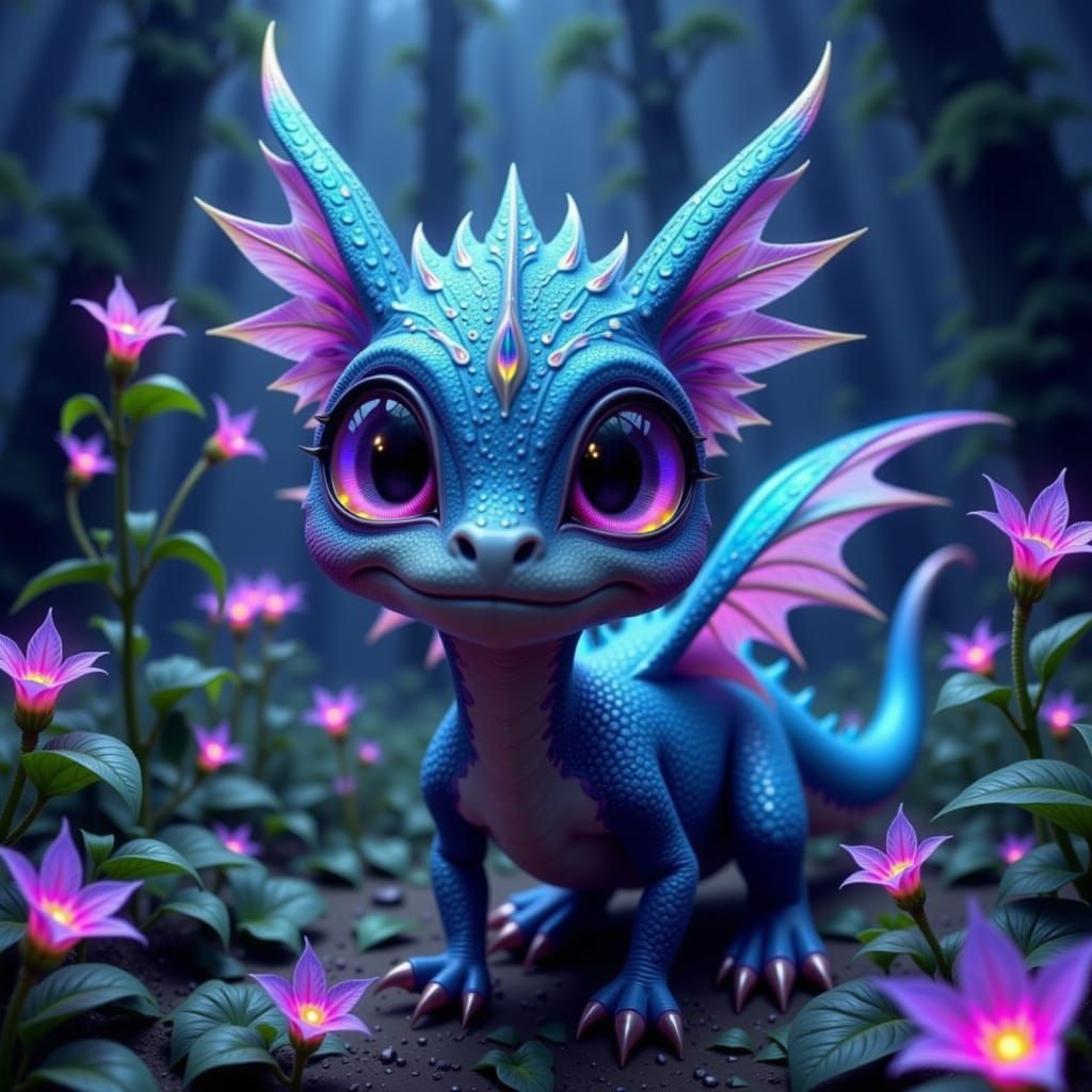 Fantastical Creature in Bioluminescent Forest Digital Painti...