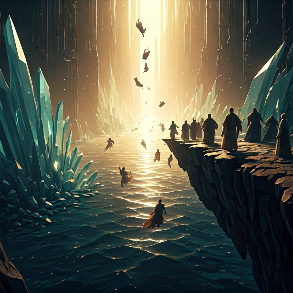 Ornate Crowd Leaping into Glass Ocean