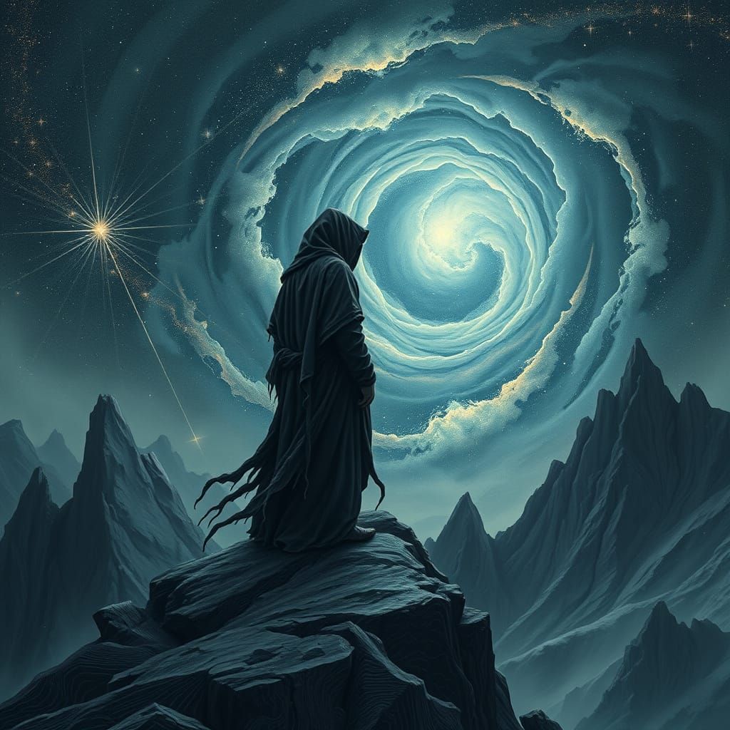 Ethereal Figure Stands Amidst Cosmic Vortex in Dark, Barren ...