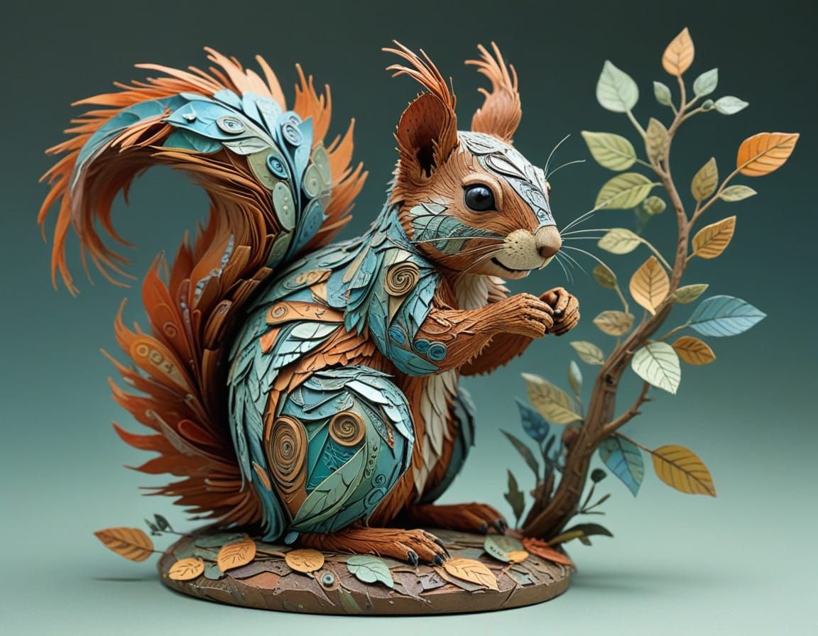 Surreal 3D Squirrel Sculpture in Intricate Paper Style