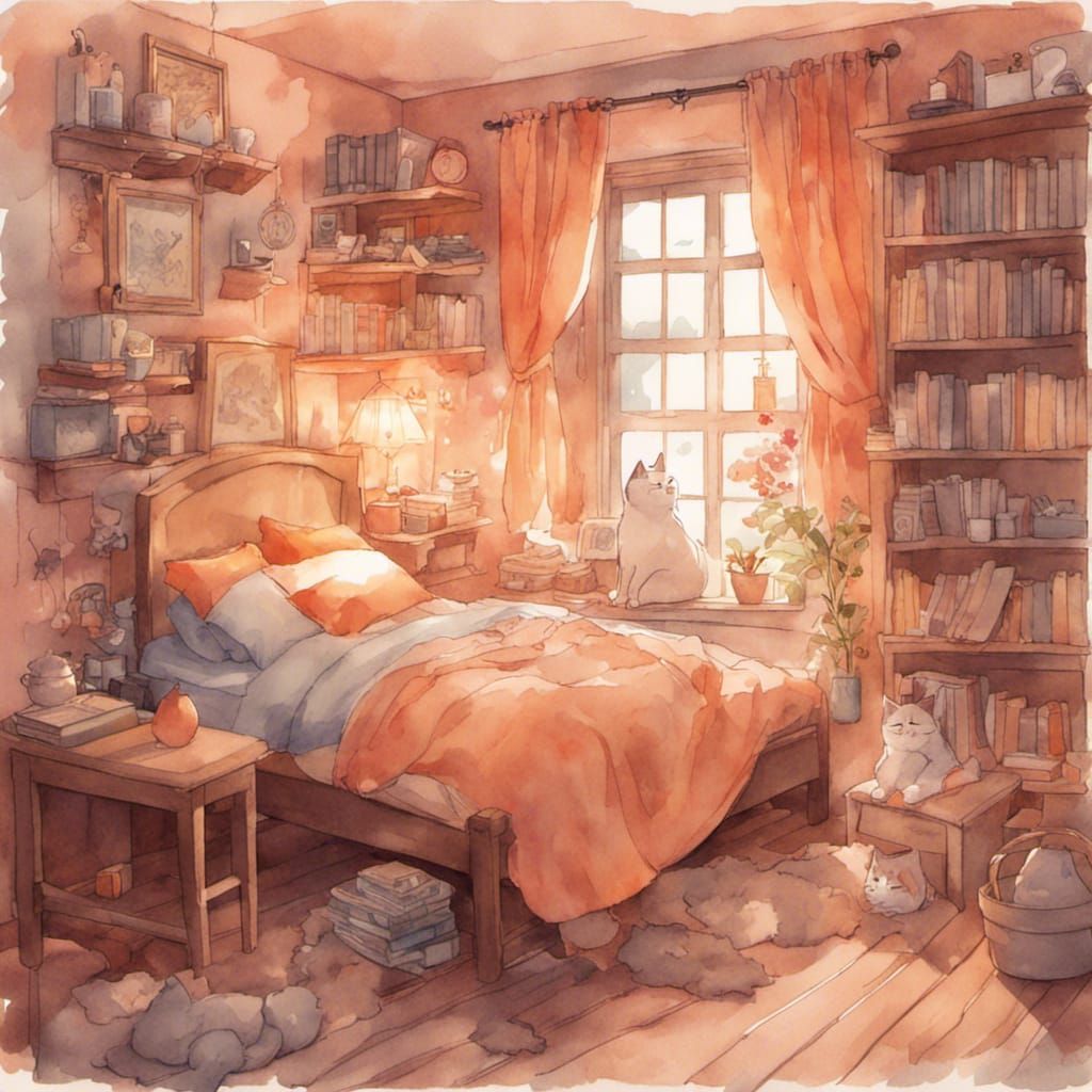 Cosy Bedroom Watercolour with Sleeping Cat, Anime Style