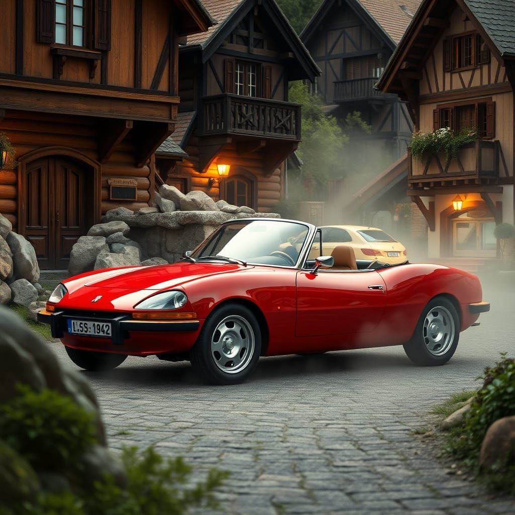 Red Convertible in Art Nouveau Village, Cinematic Style