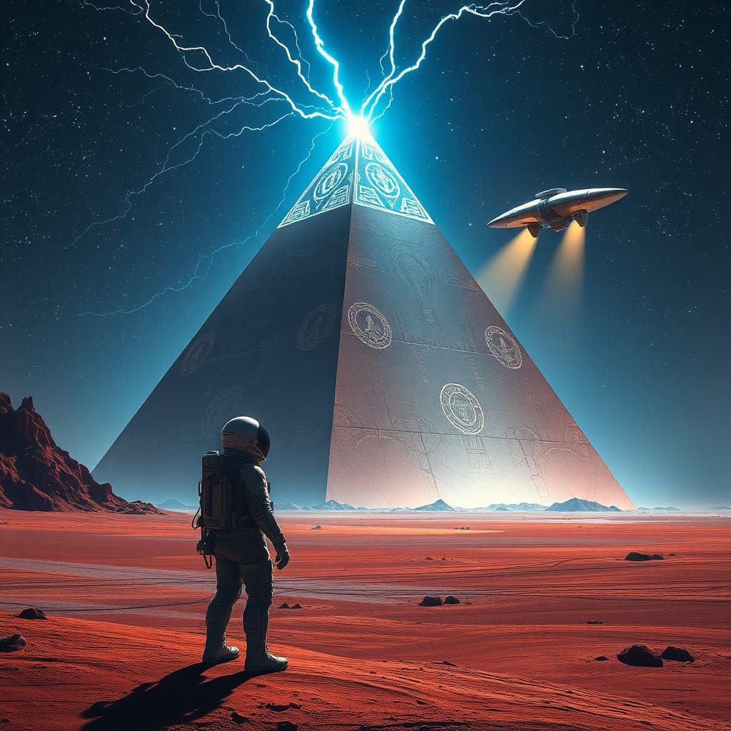 Astronaut Gazing at Ancient Pyramid on Barren Alien Planet