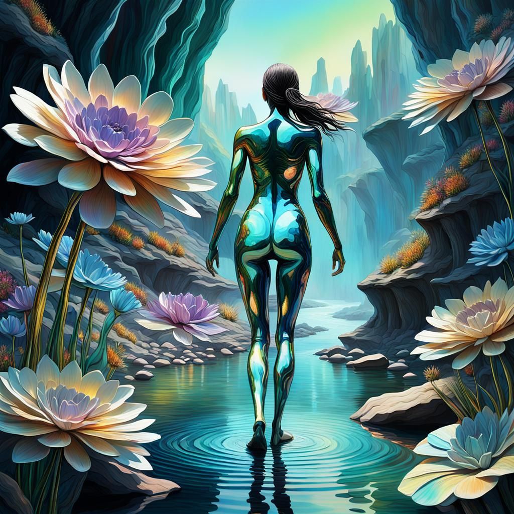 Iridescent Woman Enters a World of Giant Flowers