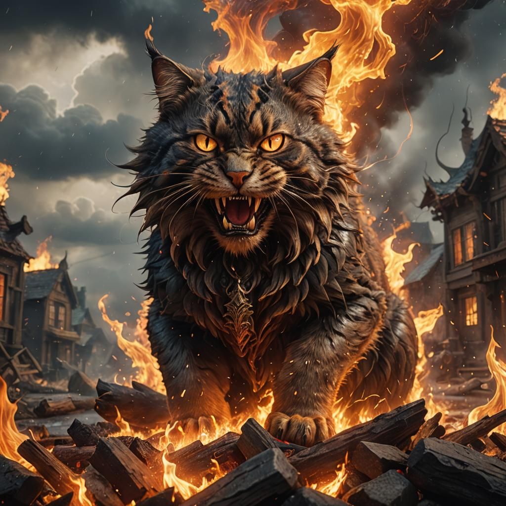 Roaring Fire Cat in an Incoming Storm