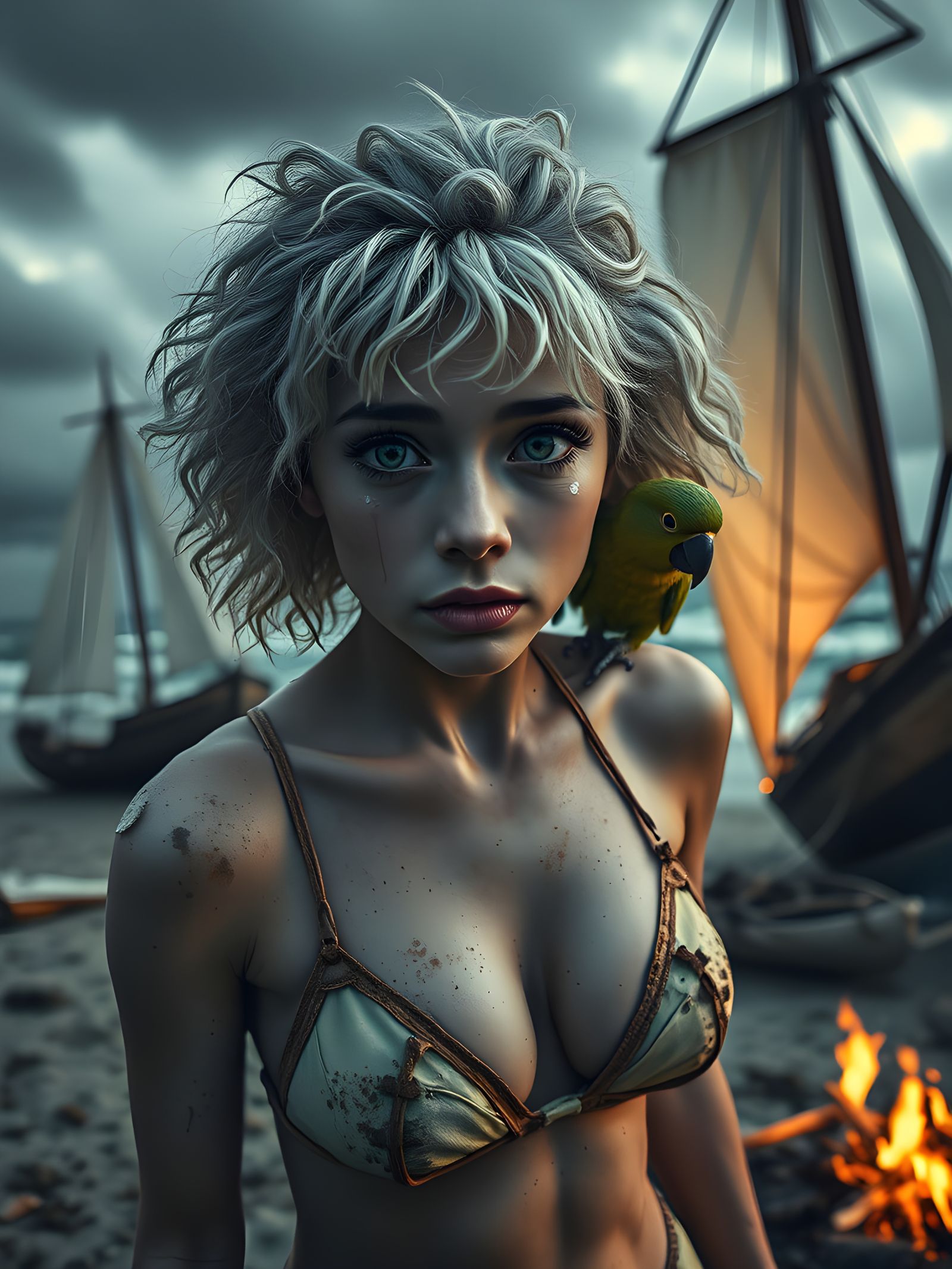 Distraught Albino Castaway on Gloomy Beach