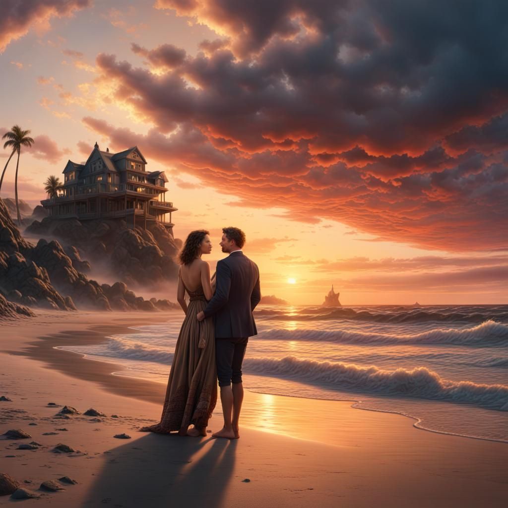 Sunset Beach Love: Dramatic Digital Painting