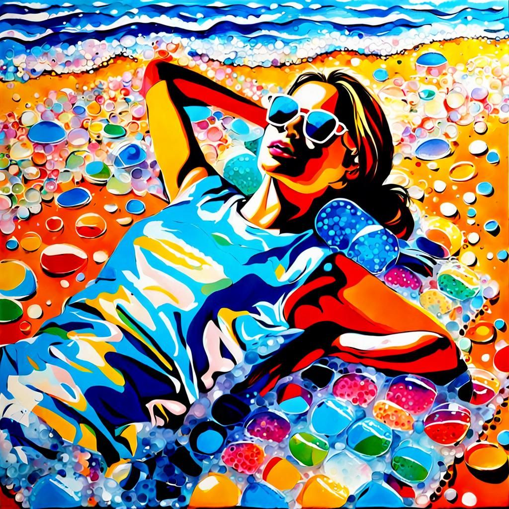 Woman Sunbathing on Beach in Colorful Acrylics