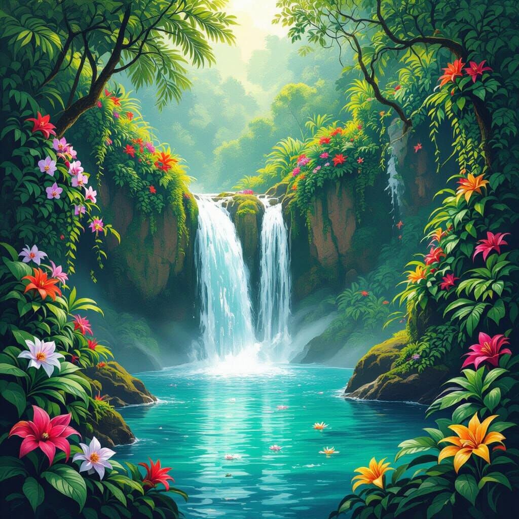 Hidden Jungle Waterfall in Art Nouveau Style