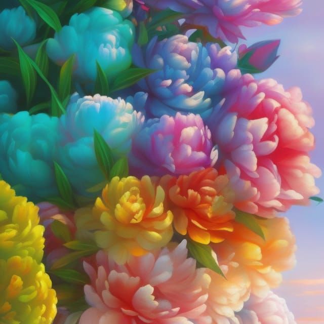Rainbow Peonies in Studio Ghibli Anime Style