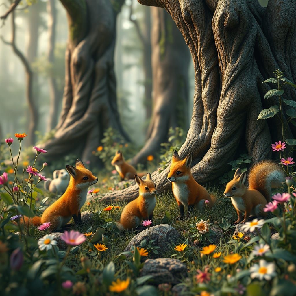 Whimsical Woodland Creatures Gather in Vibrant Forest