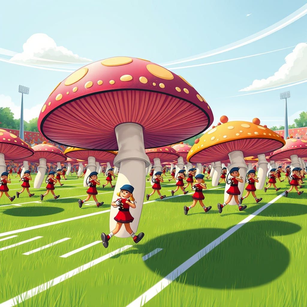 Mushrooms in Marching Band on Football Field in Whimsical Fa...