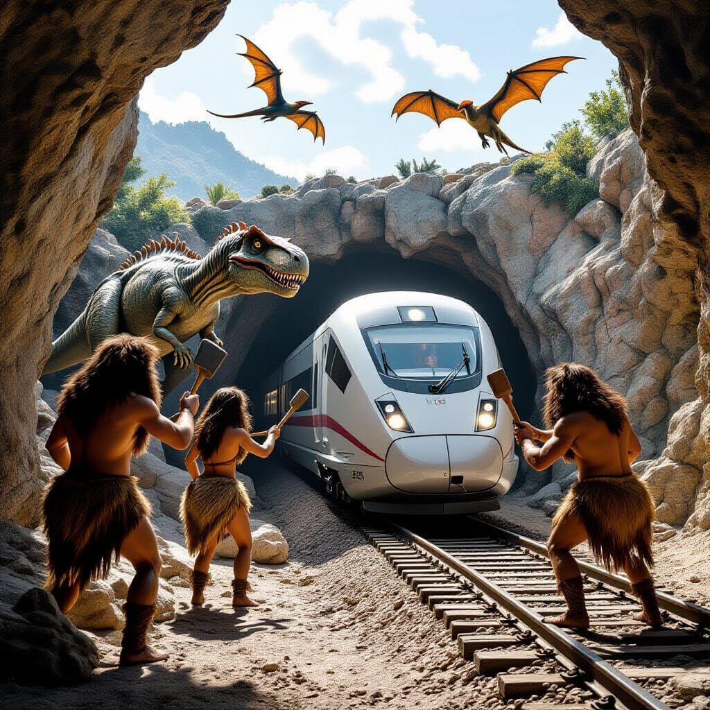 Cavemen Discover Modern Train in Prehistoric Landscape