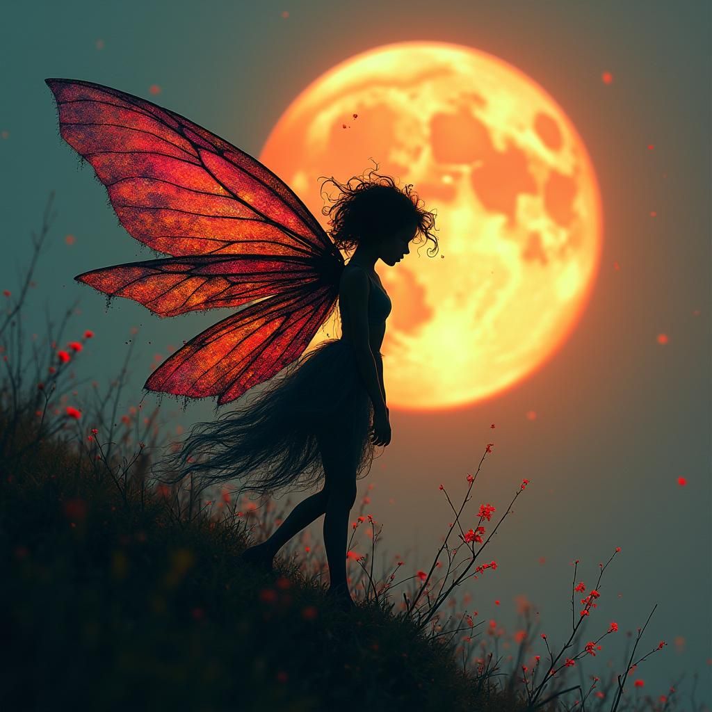 Fairy Silhouette Backlit by Blood Moon in Tachisme Style
