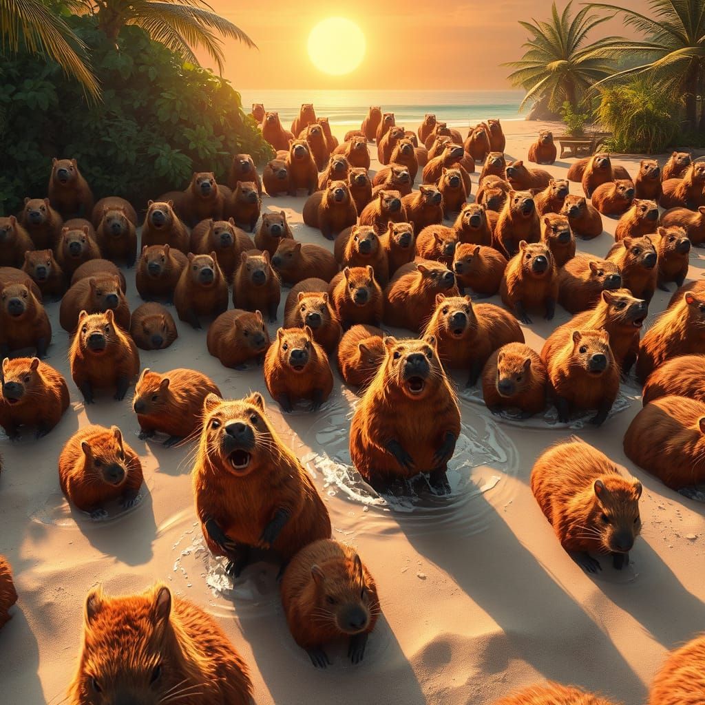 Sun-Kissed Beach Scene with Capybaras in Vibrant Colors