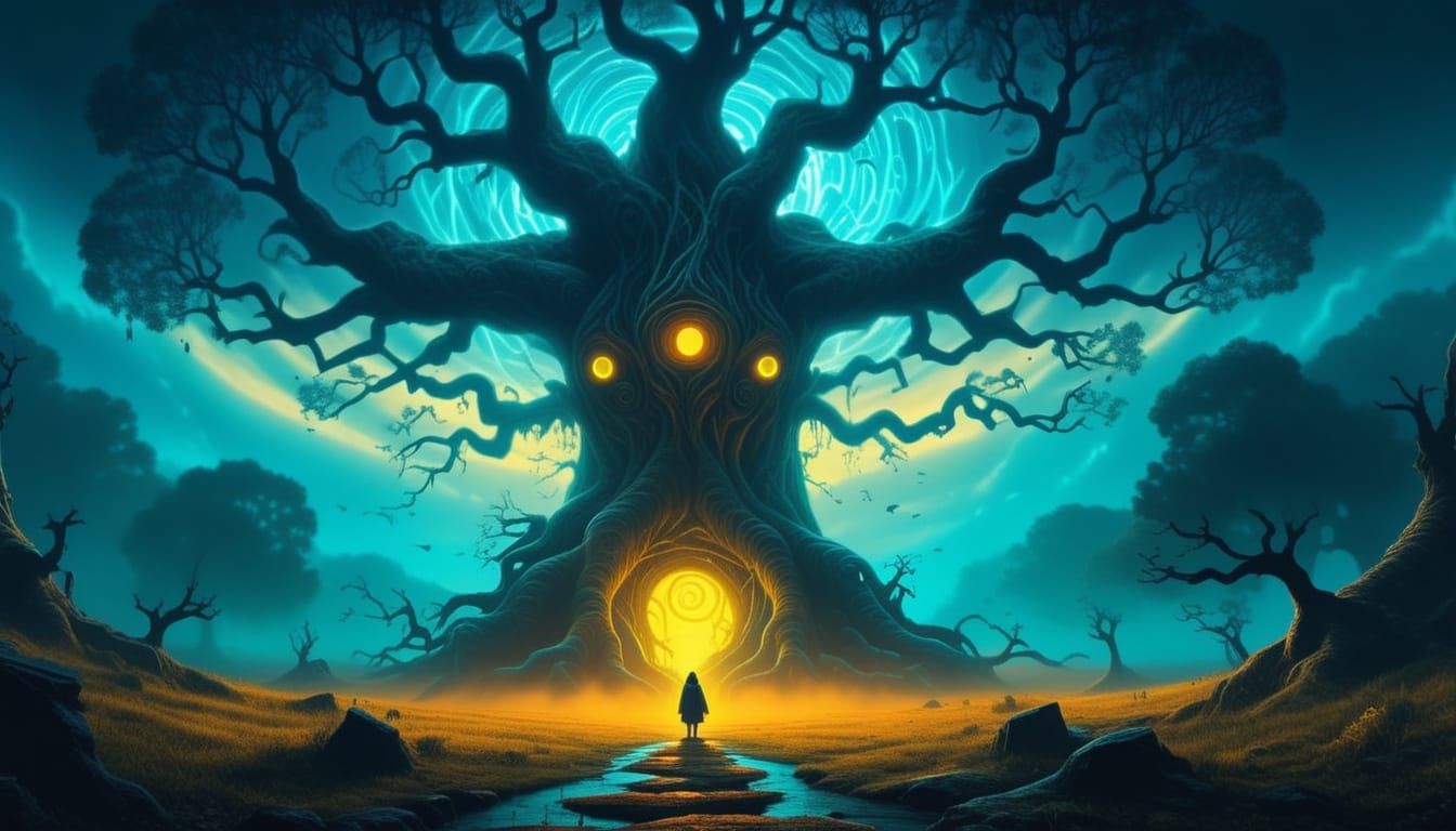 Mystical Creature Under Ancient Tree: Surrealist Digital Pai...