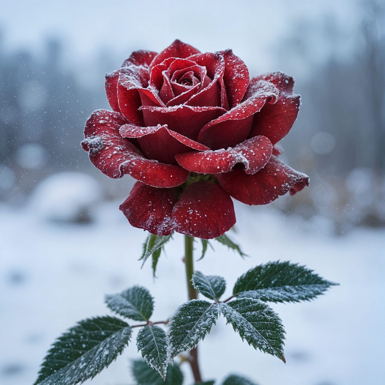 Red Rose in Snowy Winter Landscape