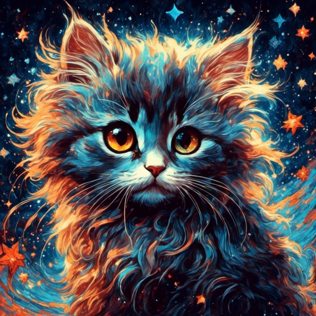 Chibi Kitten Cosmos in Stained Glass Style